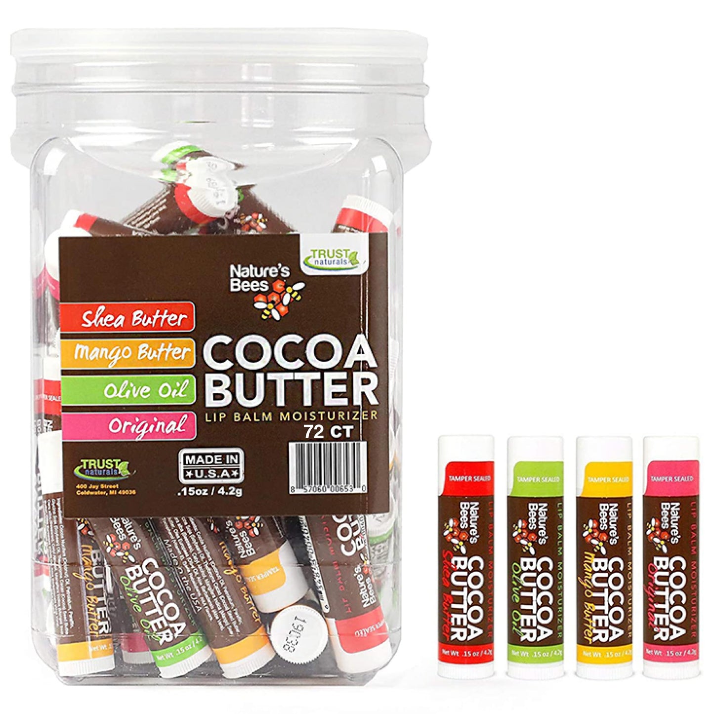 Nature'S Bees - Cocoa Butter Lip Balm Moisturizer - Original 72 Pack, 4 Flavors - Original, Shea Butter, Mango Butter, Olive Oil