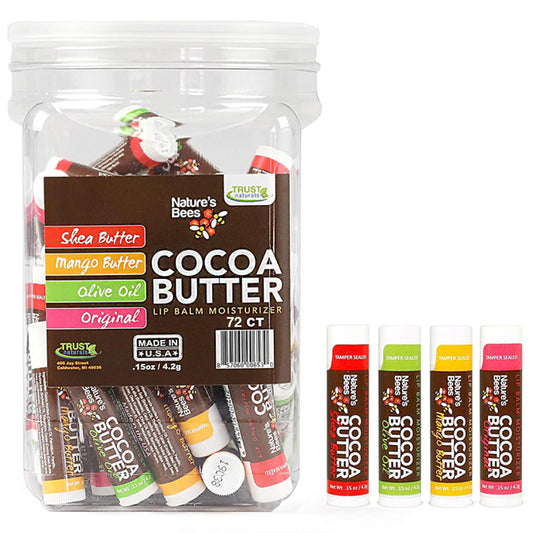 Nature'S Bees - Cocoa Butter Lip Balm Moisturizer - Original 72 Pack, 4 Flavors - Original, Shea Butter, Mango Butter, Olive Oil