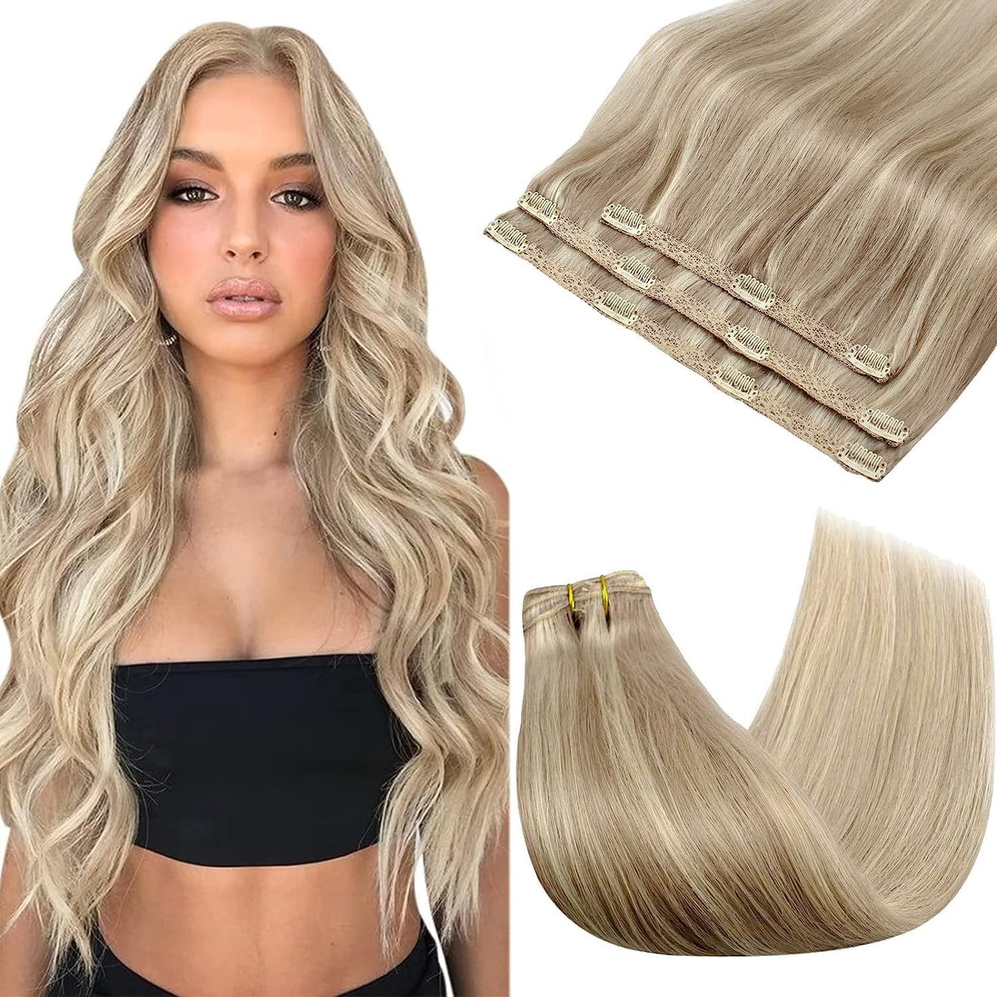 Sunny 22 Inch Clip In Hair Extensions Blonde 3 Pieces Real Human Hair Extensions Clip Ins Highlights Blonde Clip In Extensions F