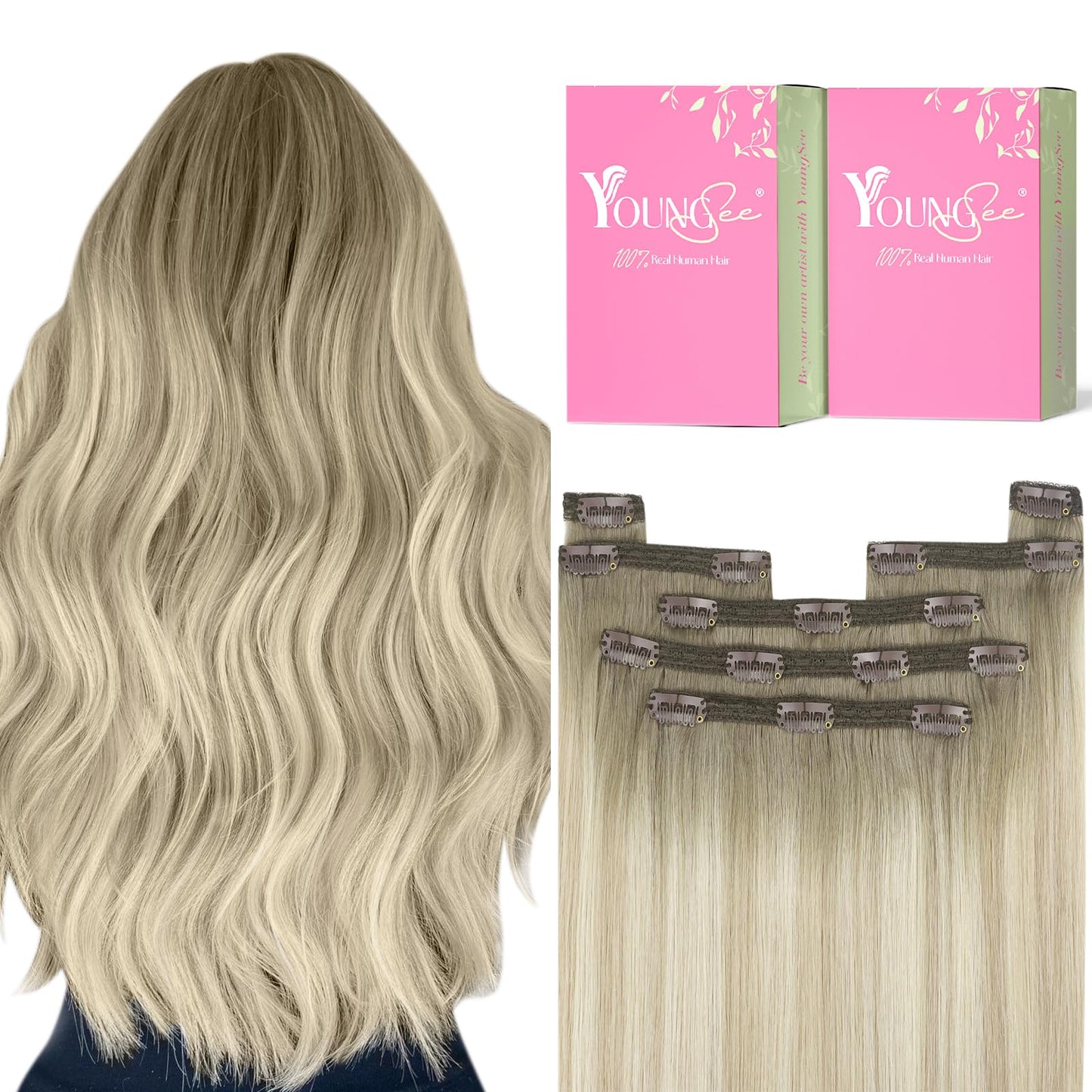 Youngsee Clip In Human Hair Extension Lace Clip In Hair Extensions Real Human Hair Ash Blonde Ombre Sunkissed Blonde Clip On Hai