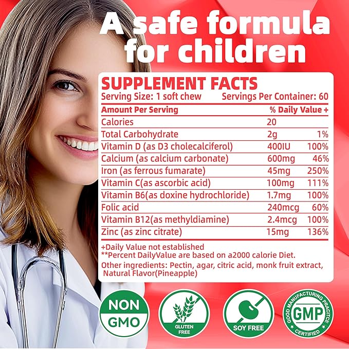 Iron Soft Chew Supplement with Vitamin C | Strawberry Flavored | Gluten Free | Iron Supplement for Women Men and Kids | 60 Count | 2 Month Supply