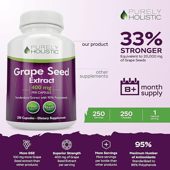 Purely Holistic Grape Seed Extract 400mg + Hawthorn Berry 665mg Bundle - 400 Vegan Capsules - Made in USA
