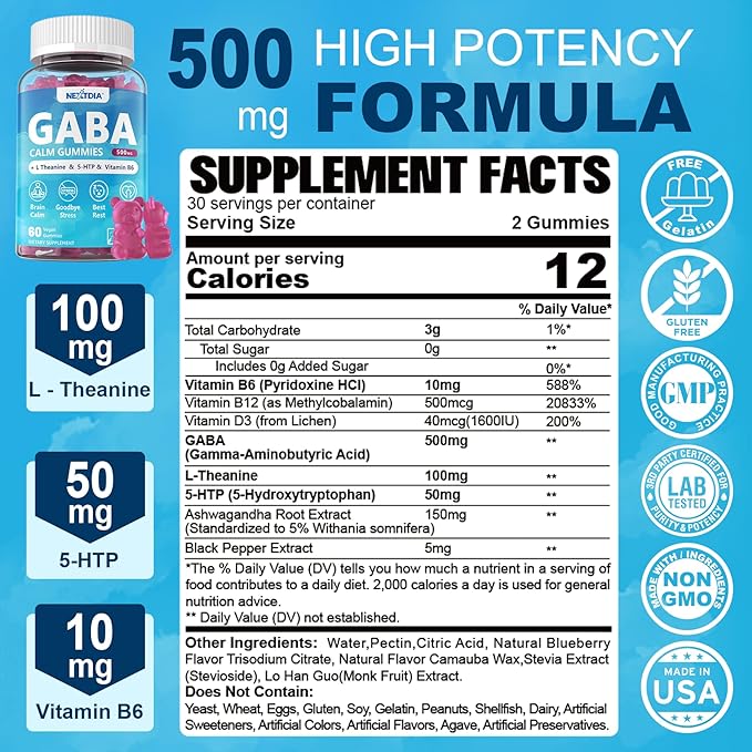 GABA Gummies 500 mg - Sugar-Free Calm Gummies with L Theanine, 5-HTP, Vitamins D3, B12, Ashwagandha, Melatonin-Free for Brain Calm, Mood, Zzz Better, GABA Supplement for Adult, Blueberry Flavor, 1Pack