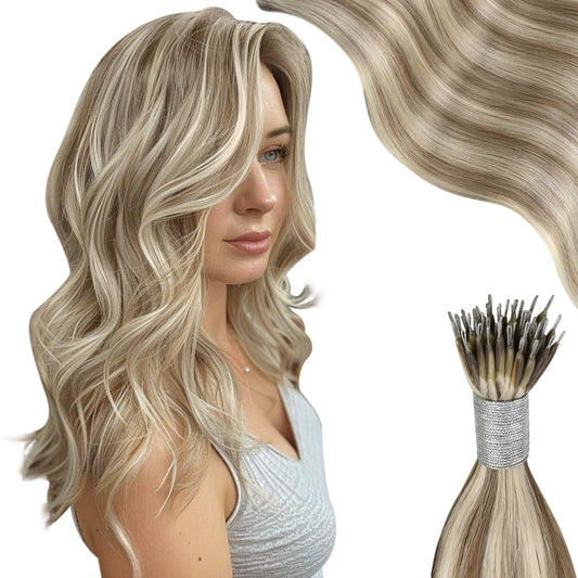 Moresoo Nano Bead Hair Extensions Human Hair Light Brown And Platinum Blonde Nano Ring Remy Hair Extensions 24Inch Nano Extensio