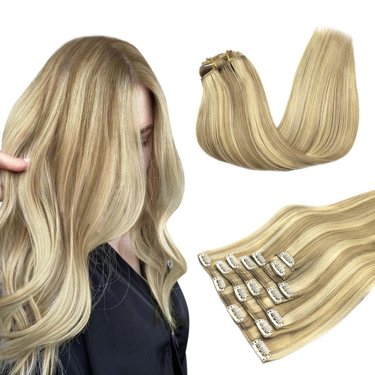 Hair Extensions Clip In Human Hair, 120G 7Pcs 18 Inch, Maxita Light Blonde Highlighted Golden Blonde Clip In Hair Extensions Rea