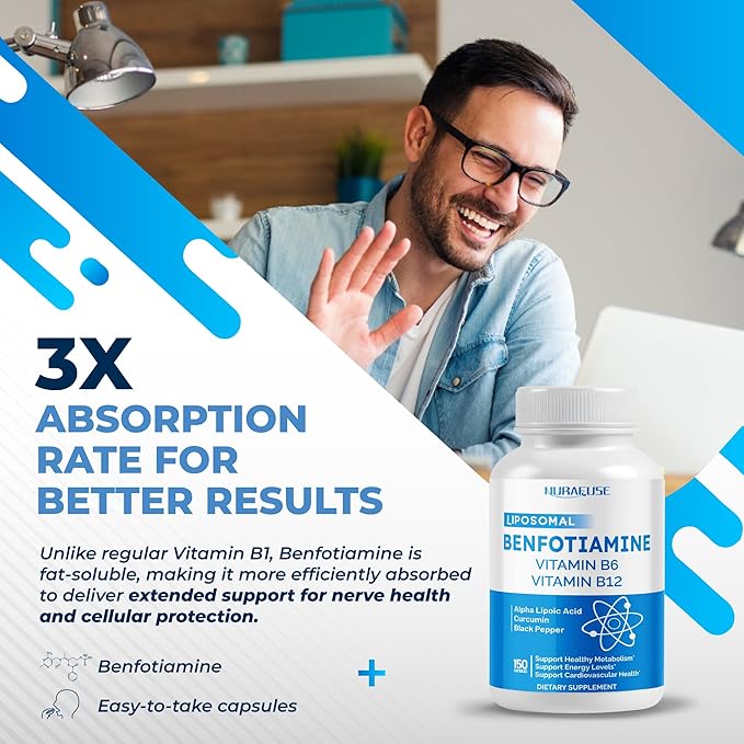 Liposomal Benfotiamine with Vitamin B6, Vitamin B12, Alpha Lipoic Acid, Curcumin - Support Healthy Metabolism, Energy Levels- Made and Tested in The USA