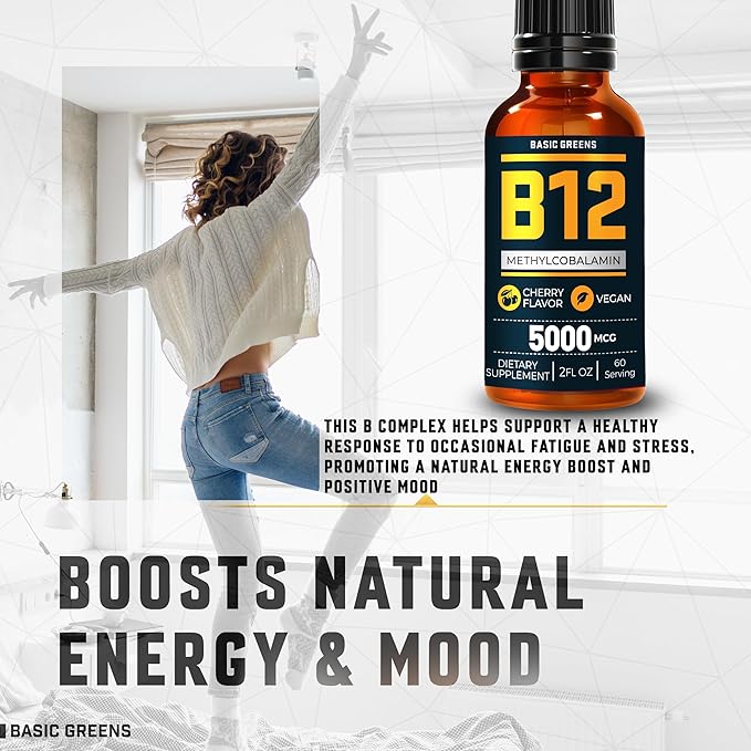 Vitamin B12 Sublingual (Vegan) 2 Fl Oz - Methylcobalamin B12 Vitamins 5000 mcg, B12 Liquid Drops, Methyl B12, Cherry Flavor