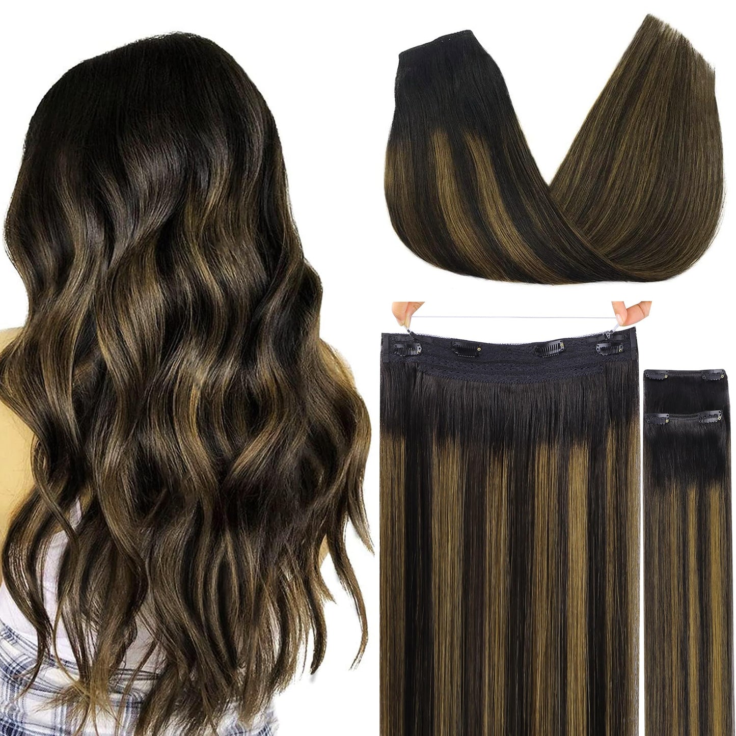 Goo Goo Wire Hair Extensions Human Hair, 1B/6/1B Natural Black With Chestnut Brown Balayage 20Inch 140G, Invisible Wire Hair Ext