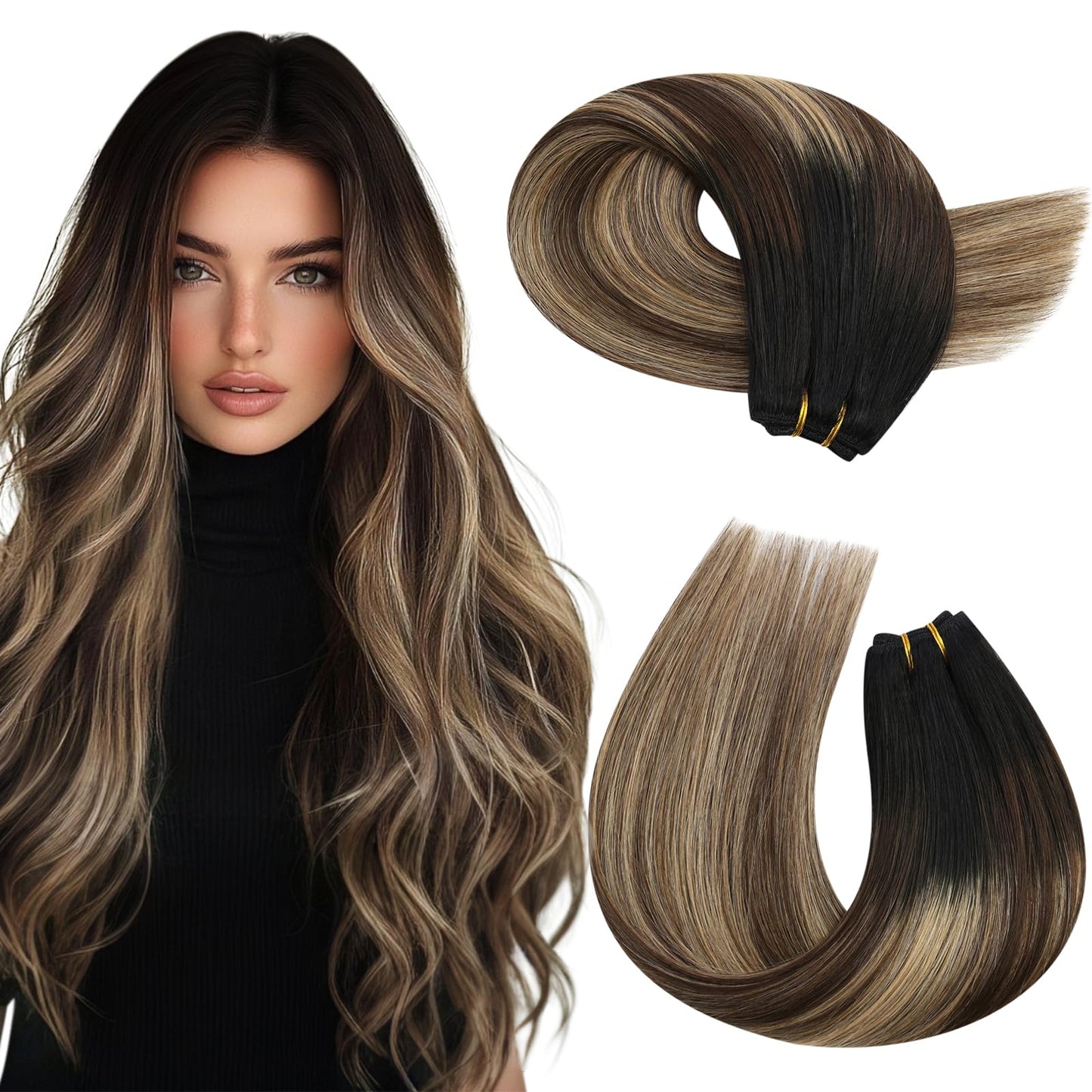 Moresoo Weft Hair Extensions Human Hair Ombre Black To Brown Mix Caramel Blonde Double Weft Sew In Human Hair Extensions Balayag