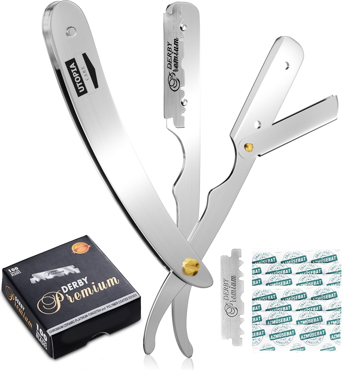 Utopia Care Professional Barber Straight Edge Razor Safety With 100-Pack Derby Blades - 100 Percent Stainless Steel (Silver)
