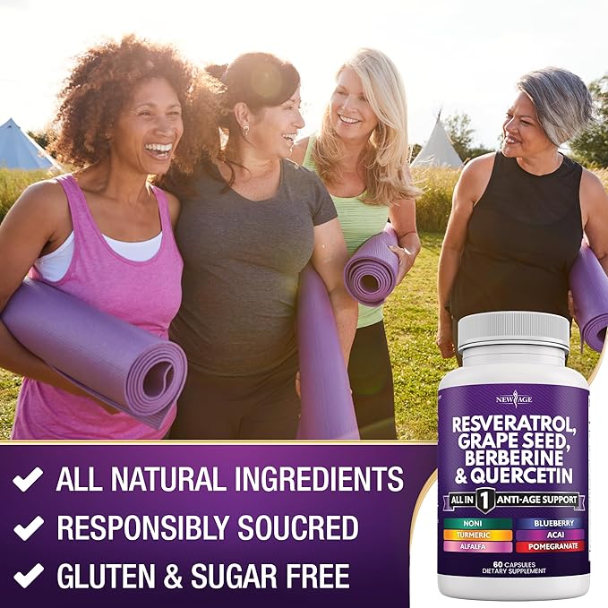 NEW AGE Resveratrol, Berberine, Grape Seed Extract, Quercetin - Polyphenol Supplement for Women and Men with Noni Extract, N-Acetyl Cysteine, Acai Extract - 60 Capsules
