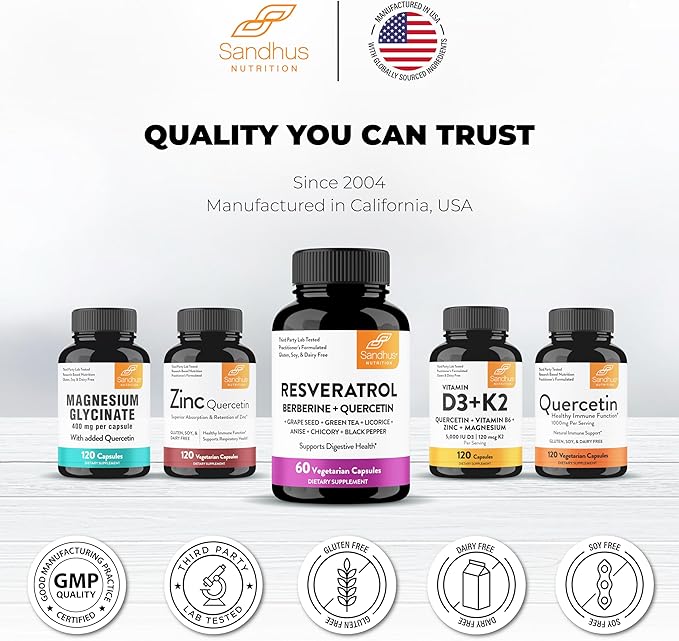 Resveratrol with Berberine for Gut Health | Digestive Supplement for Women and Men | Quercetin, Green Tea, Star Anise, DGL & Grape Seed Extract | 120 Vegetarian Capsules for Adults