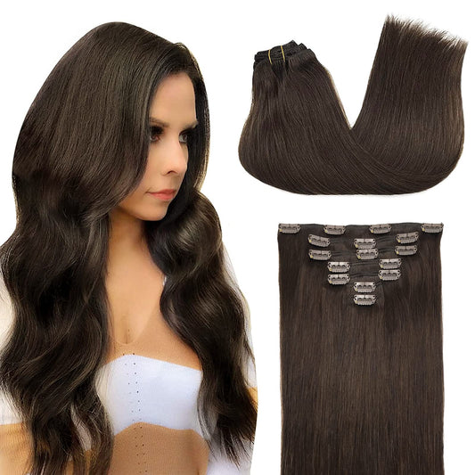 Doores Human Hair Extensions Clip In Light Dark Brown 16 Inch 120G 7Pcs Clip In Remy Hair Extensions Straight Thick Real Natural