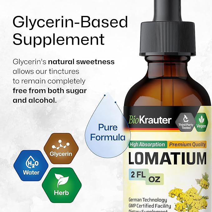 BIO KRAUTER Lomatium Root Tincture - Vegan Respiratory Support Supplement - Lomatium Dissectum Liquid Extract - Alcohol & Sugar Free - 2 Fl.Oz.