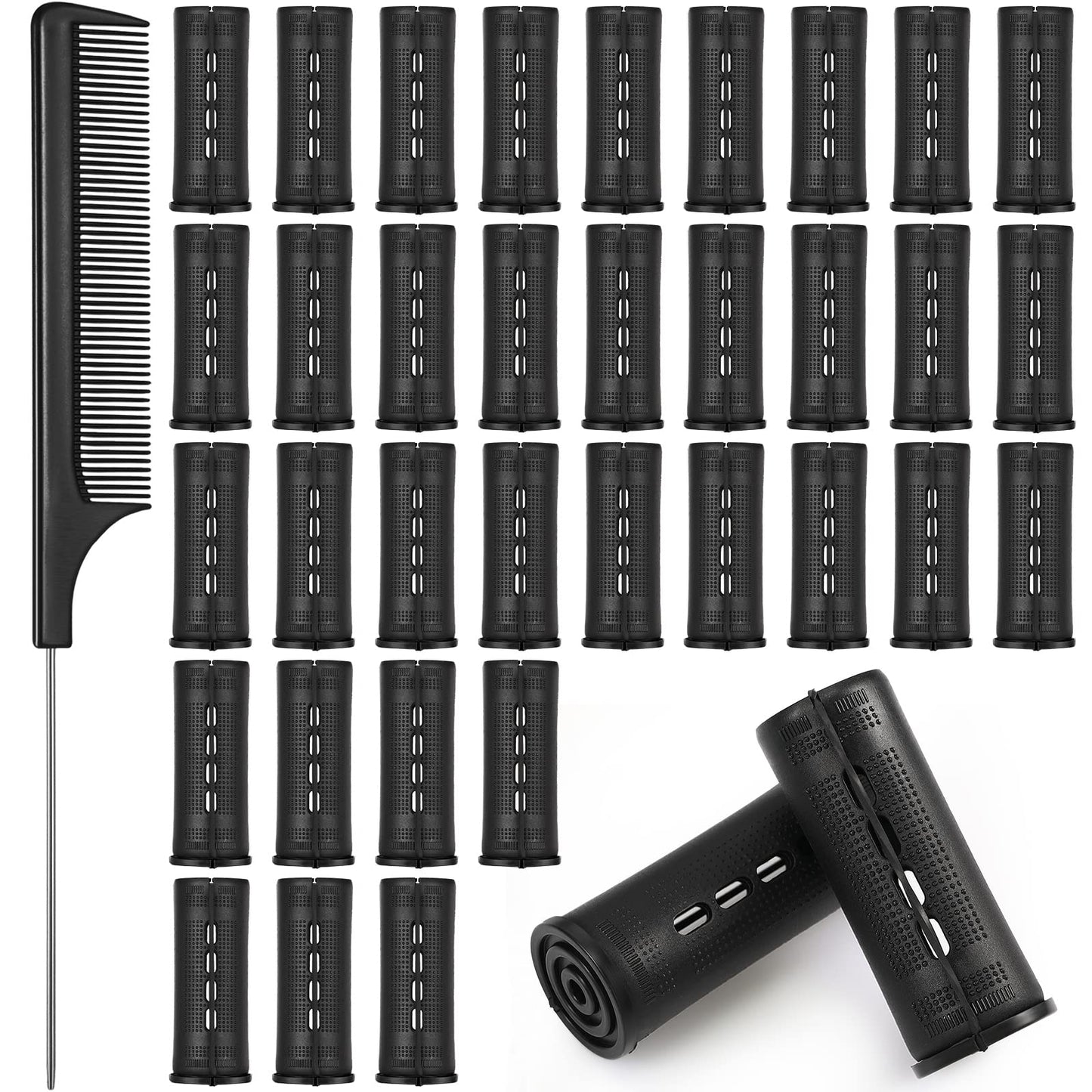 36 Pieces Cold Wave Rod Hair Perm Rods Hair Rollers Perming Rods Curlers With Steel Rat Tail Comb For Hairdressing Styling (Blac