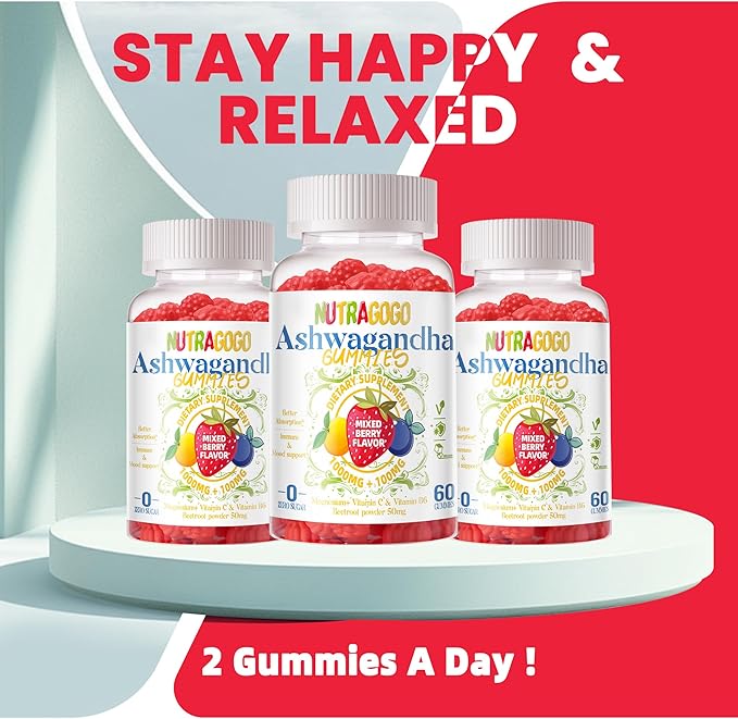 Ashwagandha Gummies & Vitamin D3 Gummies 60 Count - Organic Aswangdha Supplement for Improve Sleep, Stress Relief & Mood Calm(Mixed Berry, Vegan, Plant Based,Gluten-Free & Gelatin Free)-1pack