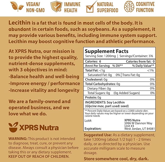 XPRS Nutra Soy Lecithin Powder Food Grade Fat Emulsifier - Suitable for Cooking, Baking and More - Vegan Friendly Soy Lecithin Powder Cooking Aid (16 Ounce)