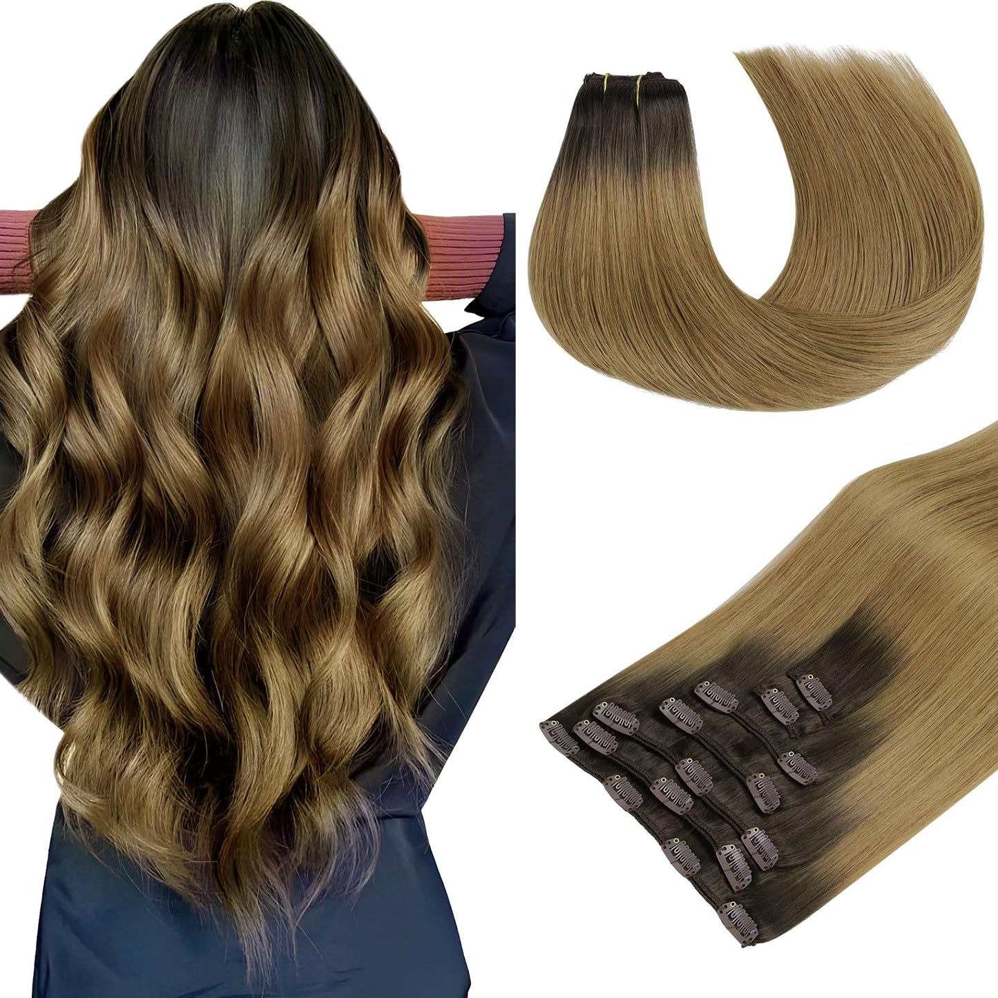 Maxita Hair Extensions Clip In Human Hair, 7Pcs 120G Ash Dark To Light Chestnut Brown 24 Inch,Clip In Hair Extensions Real Human