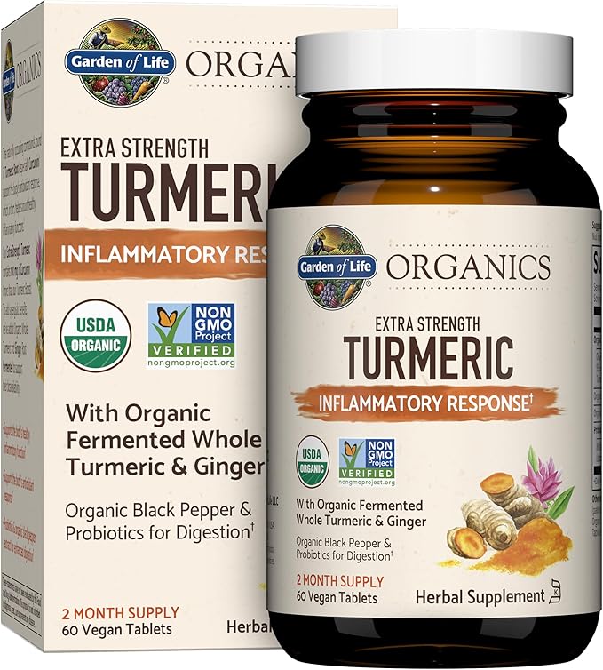 Garden of Life Organics Extra Strength 100mg Curcumin Turmeric 60 Tablets and Ashwagandha Stress & Energy Support 60 Tablets Bundle