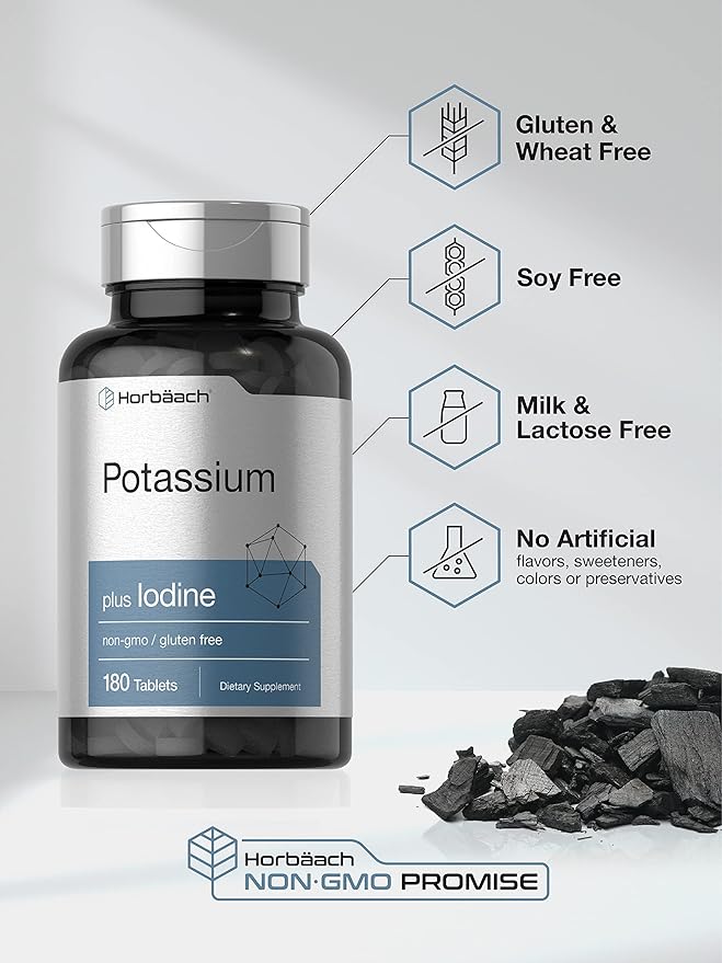 Horbäach Potassium Chloride Supplement | Plus Iodine | 180 Vegetarian Tablets | Non-GMO and Gluten Free