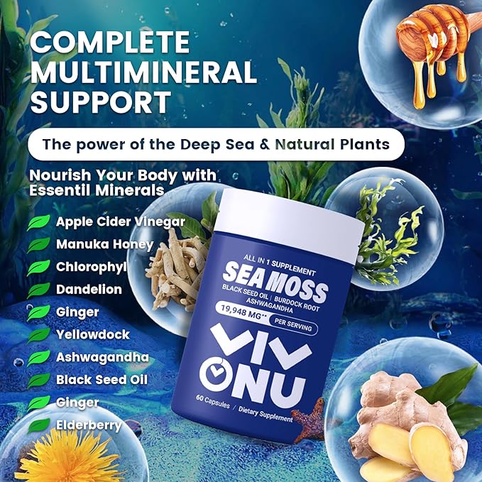 Sea Moss Black Seed Oil Ashwagandha Shilajit Ginger-Sea Moss Capsules withBurdock Turmeric Vitamins C & D3 Elderberry Ginger ACV Manuka Dandelion-Immune System,Skin,Energy Support