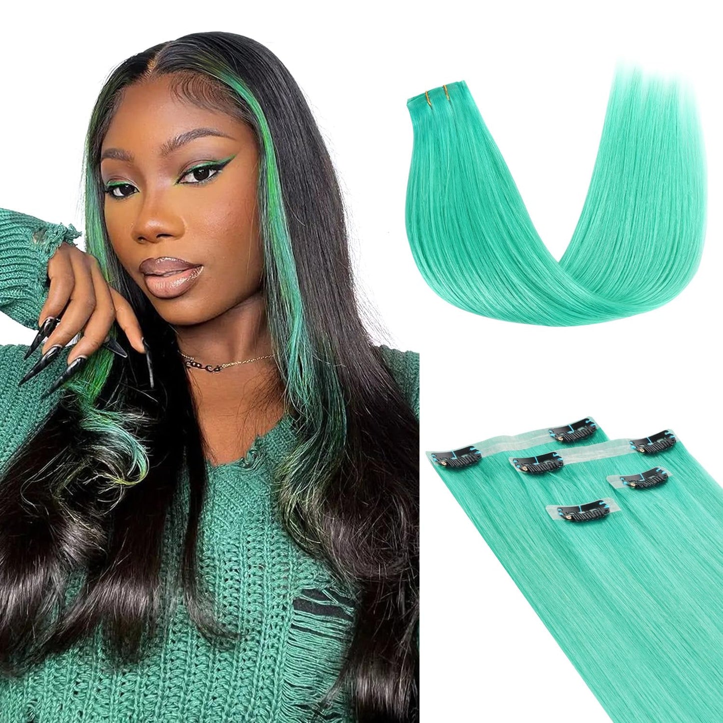 Lashey Clip In Hair Extensions Green Hair Extensions For Black Women 4Pcs 50G Seamless Clip In Hair Extensions Human Hair 22 Inc