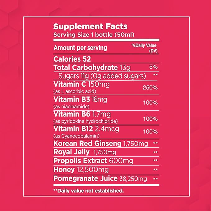 Bee and You Energy X Shot, 12 Pack, Korean Red Ginseng, Royal Jelly, Propolis, Caffeine Free Energy Drink, Vitamin C, B3, B6, B12, Immune Support Supplement, Antioxidants, Pomegranate Flavor