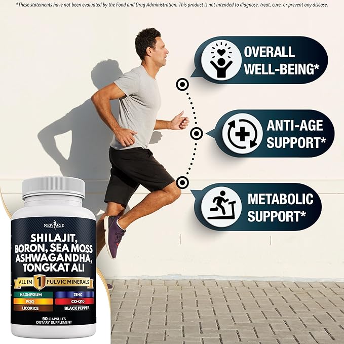 NEW AGE Shilajit Supplement with Sea Moss, Ashwagandha, Tongkat Ali, Boron, Magnesium - Fulvic Acid Capsules for Men - 90 Count