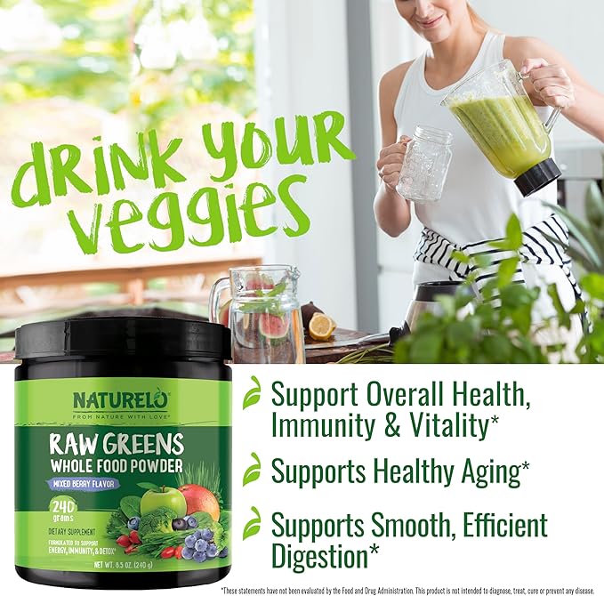NATURELO Raw Greens Superfood Powder - Mixed Berry - Boost Energy, Detox, Enhance Health - Organic Spirulina - Wheat Grass - Whole Food Nutrition from Fruits & Vegetables - 240 Grams