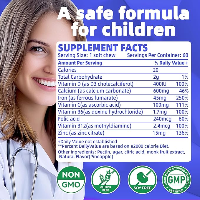 Iron Soft Chew Supplement with Vitamin C | Blueberry Flavored | Gluten Free | Iron Supplement for Women Men and Kids | 60 Count | 2 Month Supply