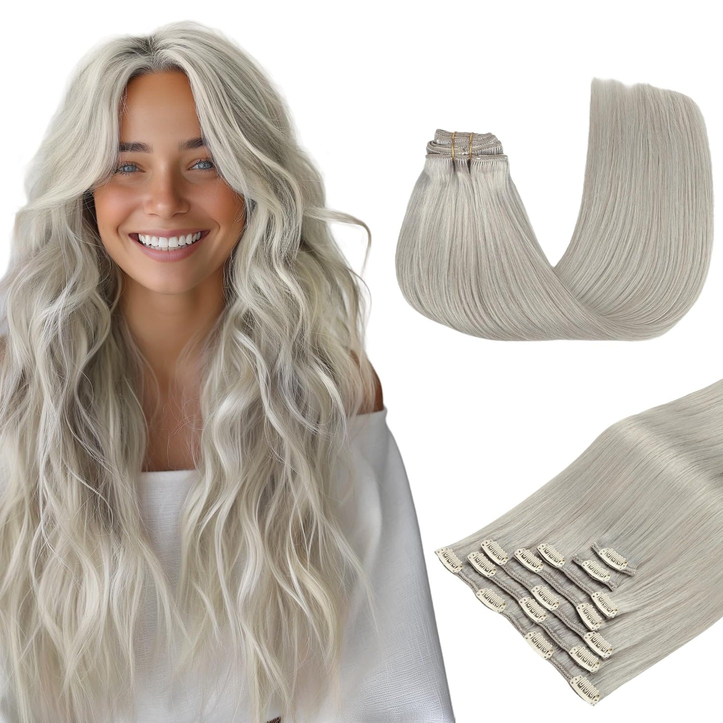 Maxita Hair Extensions Clip In Human Hair,120G 7Pcs Silver Gray 18 Inch,Clip In Hair Extensions Real Human Hair Extensions Natur