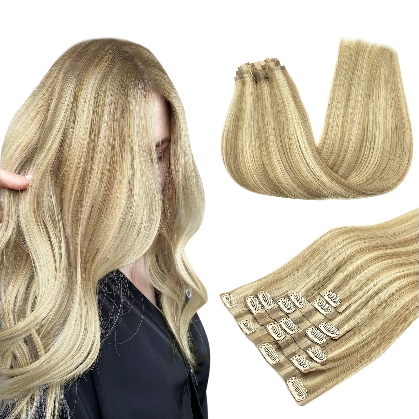 Maxita Clip In Hair Extensions Real Human Hair, 7Pcs 150G Light Blonde Highlighted Golden Blonde 20 Inch, Seamless Hair Extensio
