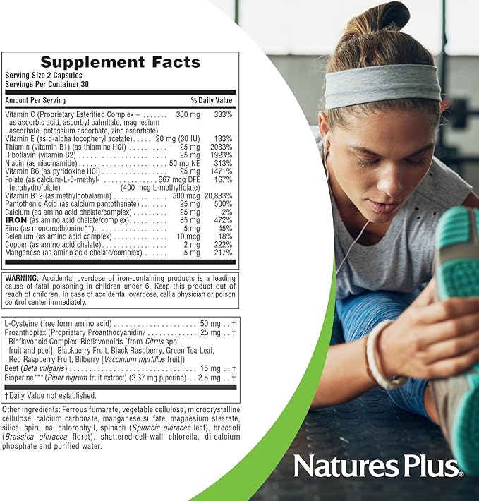 NaturesPlus Hema-Plex Iron - 60 Fast-Acting Capsules - 3 Pack - 85 mg Chelated Iron + Vitamin C & Bioflavonoids for Healthy Red Blood Cells - Vegan, Gluten Free - 90 Total Servings