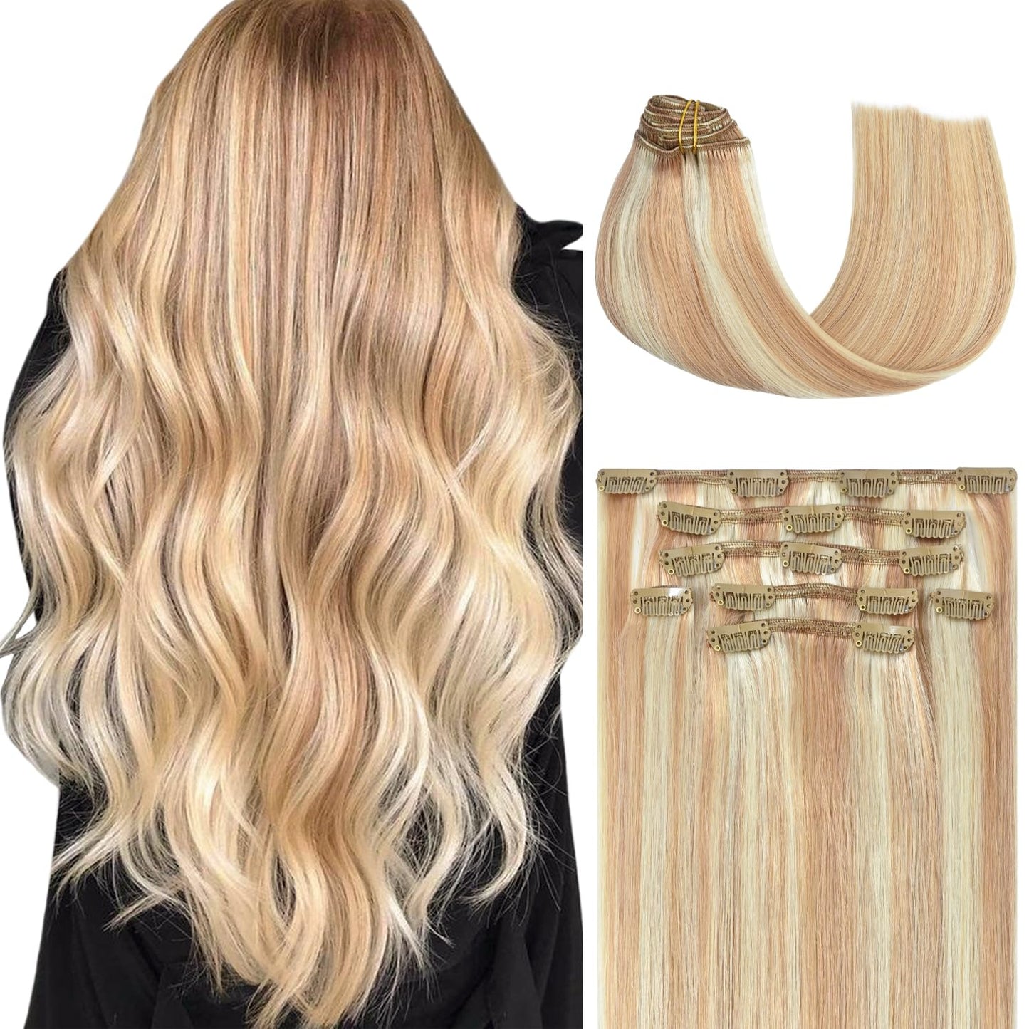 Honsoo Balayage Hair Extensions Clip In Hair Extensions Real Human Hair Double Weft 9A Hair Strawberry Blonde To Bleach Blonde H