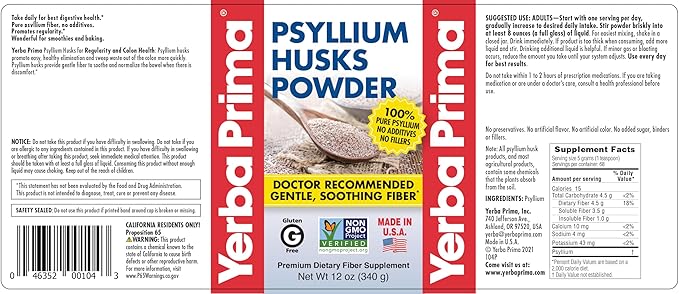 Yerba Prima Psyllium Husks Powder - 12 oz (Pack of 3) - Natural Fiber Supplement - Colon Cleansing - Vegan, Non-GMO, Gluten-Free (New Label - Packaging May Vary)
