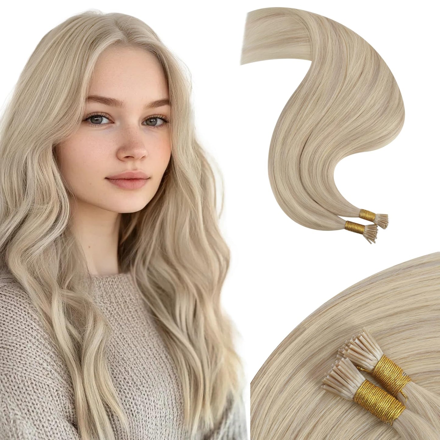 Moresoo I Tip Hair Extensions Human Hair Ash Blonde With White Blonde Highlight Pre Bonded Hair Extensions Human Hair I Tips Hai