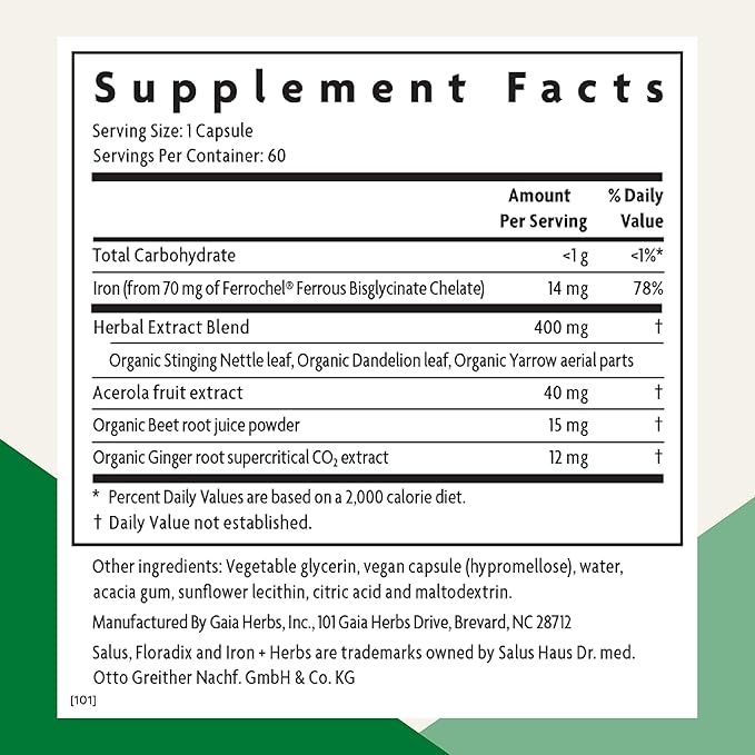 Floradix Iron + Herbs - Iron Supplement for Healthy Energy Support* - Vegan, Non-GMO, Gluten-Free, Soy-Free - 60 Liquid Phyto-Caps