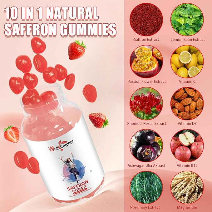 Saffron Gummies for Adults Kids - Organic Saffron Extract Supplement for Men Women Sugar Free for Mood Balance Support Better Sleep Metabolism with Vitamins Non GMO Strawberry Flavored 30 Days Supply