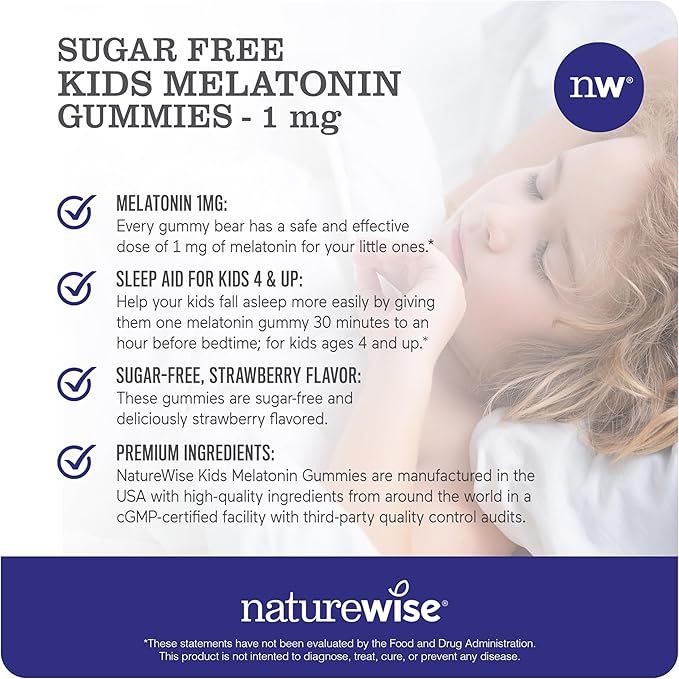 NatureWise Kids Melatonin 1 mg Sugar-Free Gummies for Children Ages 4 & Up - Non-Habit Forming Sleep Aid - Strawberry Flavored - Vegan, No Gluten, Non-GMO - 180 Count[6-Month Supply]