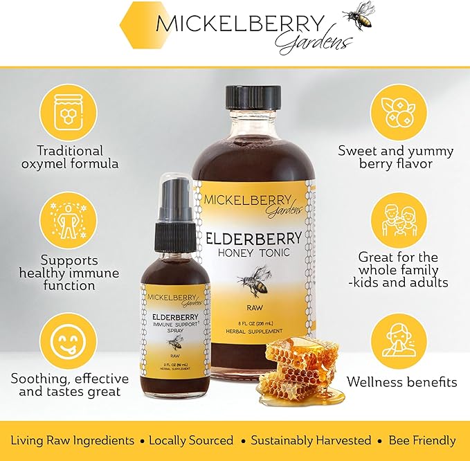 Mickelberry Gardens Elderberry Honey Tonic, Sambucus Syrup, Black Elderberry - Immune Support for Adults and Kids (4 Ounces)