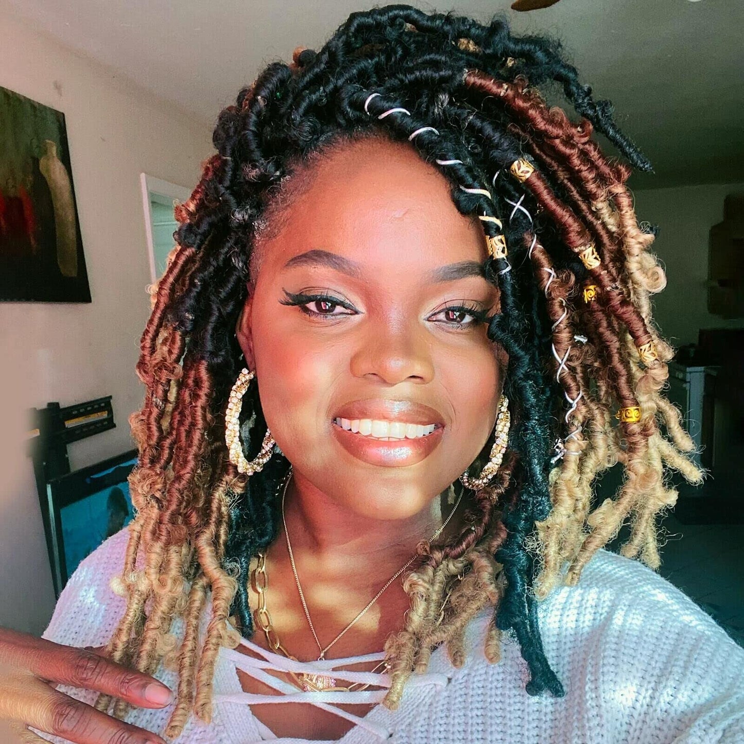 Toyotress Butterfly Locs Crochet Hair - 16 Inch 8 Pcs Ombre Brown Blonde Pre-Twisted Distressed Crochet Braids, Faux Locs Pre-Lo