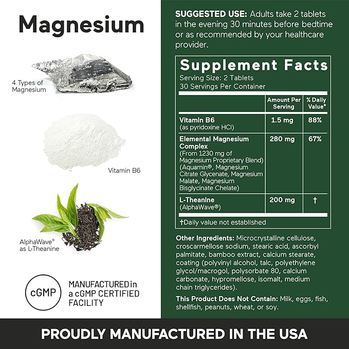 Smarter Nutrition Magnesium Complex - Chelated Magnesium Glycinate + Citrate, Malate for Sleep, Relaxation, Muscle & Nerves + Clinically Proven L-Theanine, Non-GMO-360 Tablet[180-Day Supply]