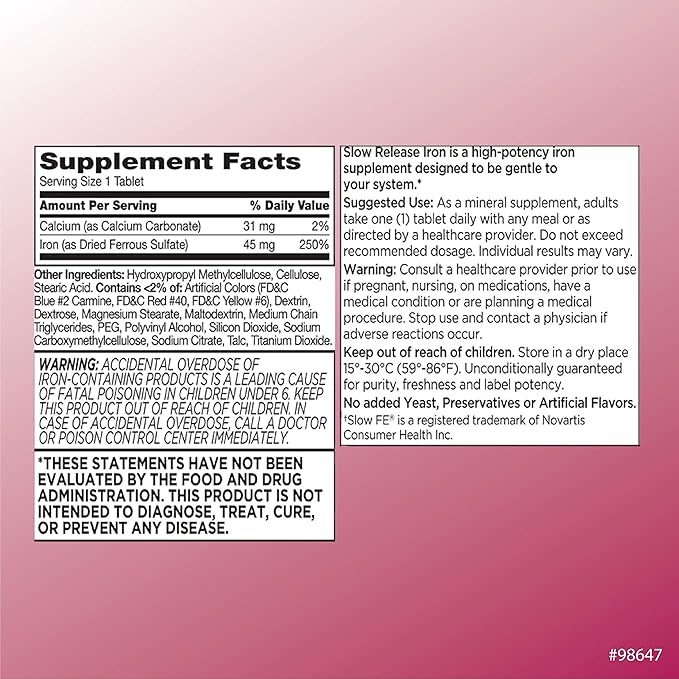 Quality Choice Iron High Potency Slow Release Tablets, 45mg, 60 Tabets Each (Pack of 7)
