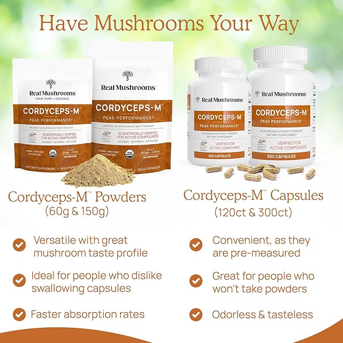Real Mushrooms Cordyceps Capsules - Performance Mushroom Extract Supplement with Organic Militaris for Energy Immune Support Vegan Supplement, Non-GMO, 300 Caps