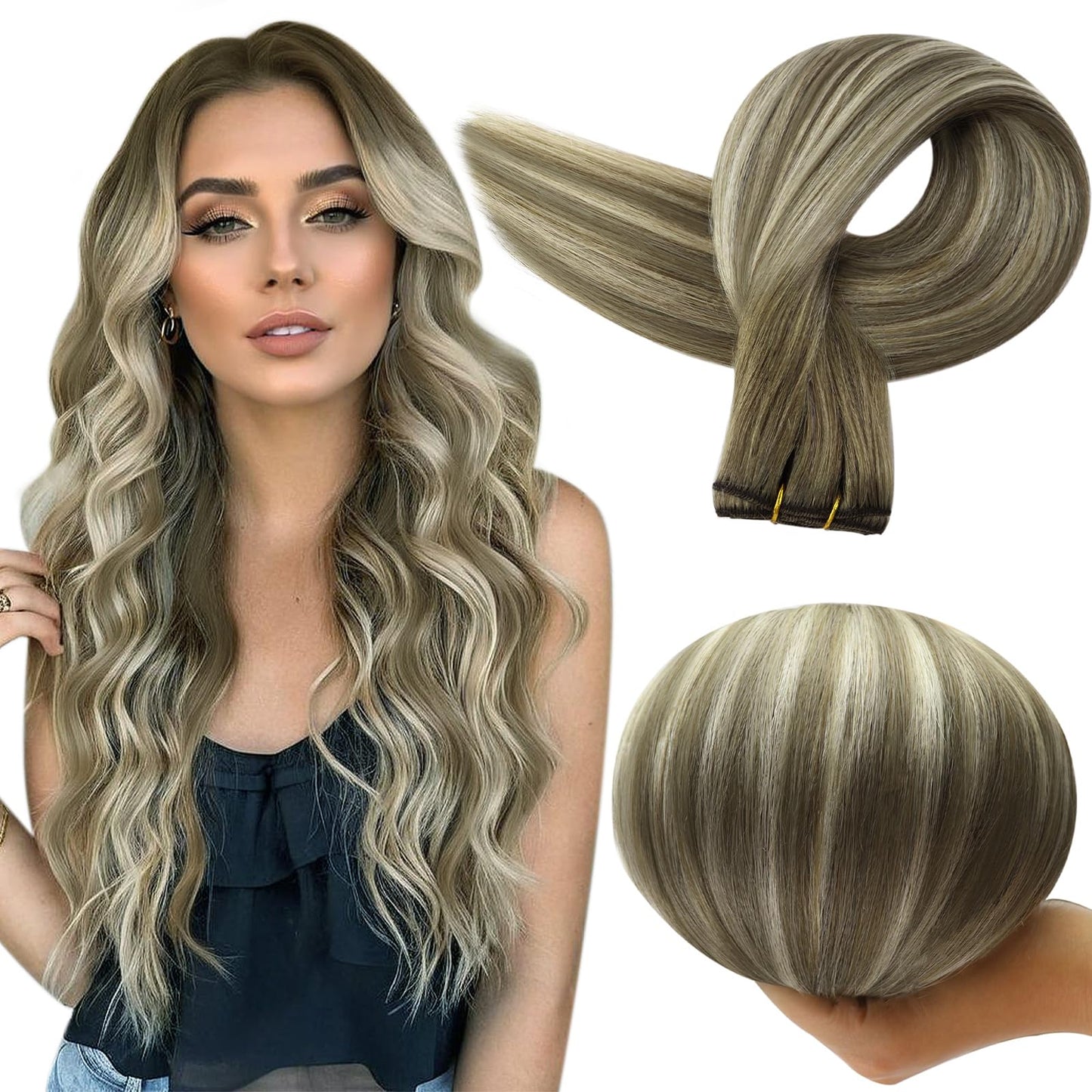 Full Shine Sew In Extensions Real Hair Weft Hair Extensions Human Hair Color 7/7/800 Ash Brown To Blonde Mix Brown Sew In Human