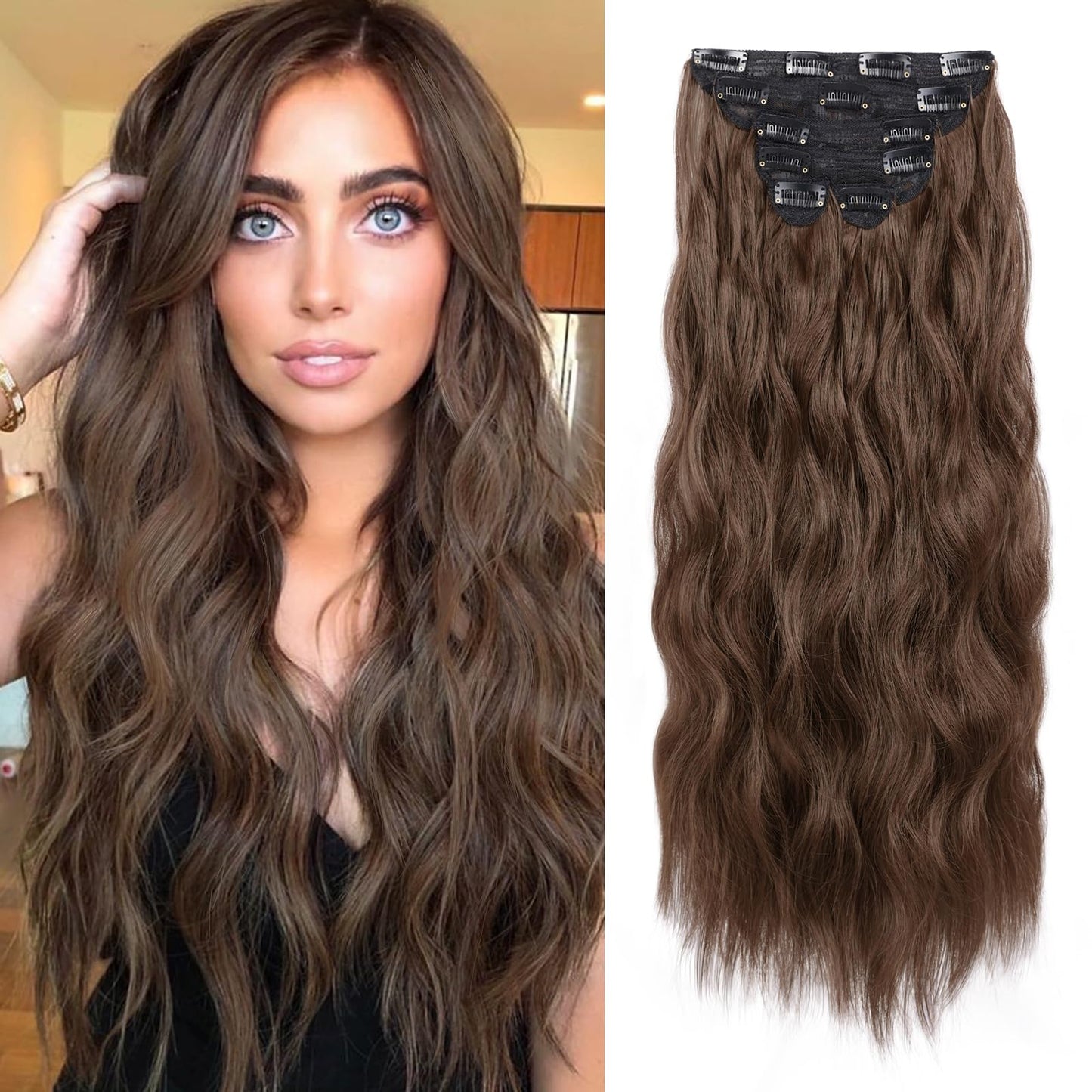 Wecan Clip In Hair Extension 24 Inch 6Pcs Dark Brown Long Wavy Hairpieces For Women Natural Thick Synthetic Fiber Double Weft Ha