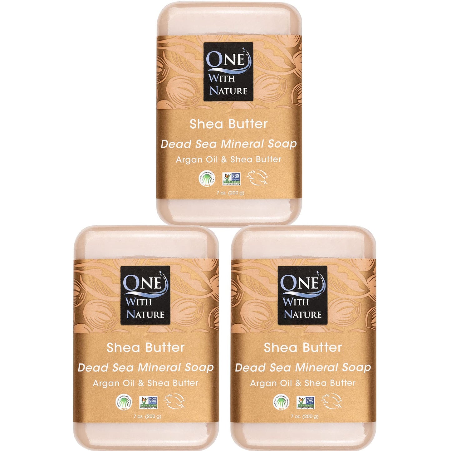 One With Nature Dead Sea Mineral Shea Butter Soap With Argan Oil 7Oz Bar 3Pack - Dead Sea Salt Includes Sulfur, Magnesium, And 2