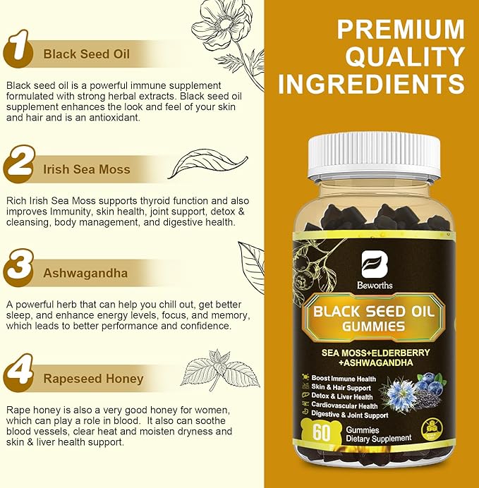 Irish Sea Moss Gummies with Black Seed Oil, Ashwagandha Extract, Elderberry, Turmeric, Vitamin C Vitamin D3 / Black Elderberry Gummies & Sea Moss Gummy