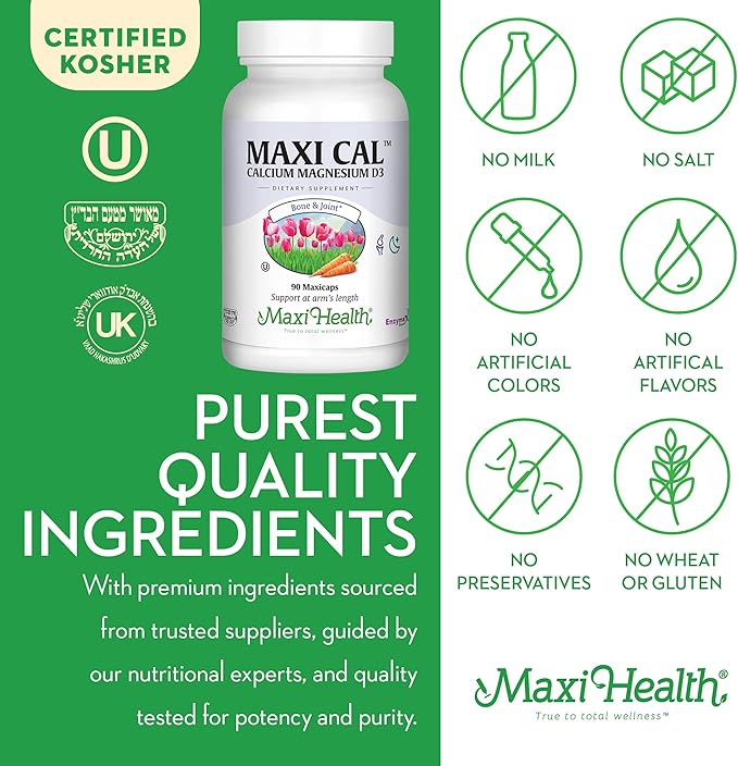 Maxi Health Calcium 1000 mg Supplement with Vitamin D3 (1000 IU) and Magnesium (500 mg) - Bone, Teeth and Joint Support for Men and Women - 90 Capsules