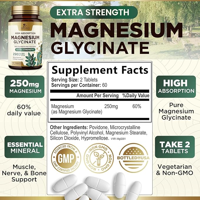 Magnesium Glycinate 250 mg, 100% Chelated Magnesium Supplement - High Absorption Magnesium for Muscle, Heart, Bone and Nerve Health Support, Nature's Gluten Free, Vegan, Non-GMO Capsules - 120 Count